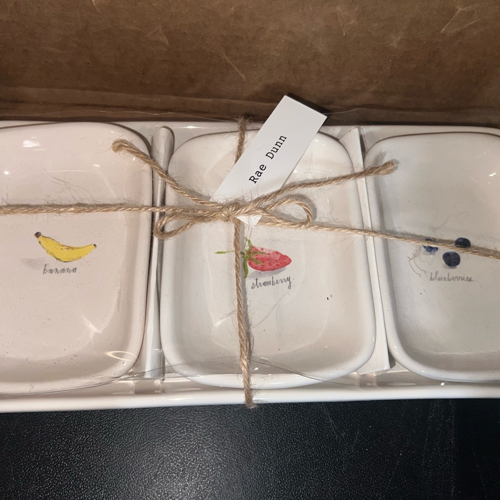 Rae Dunn White Ceramic Fruit Illustration Dish Set - Picture 1 of 1